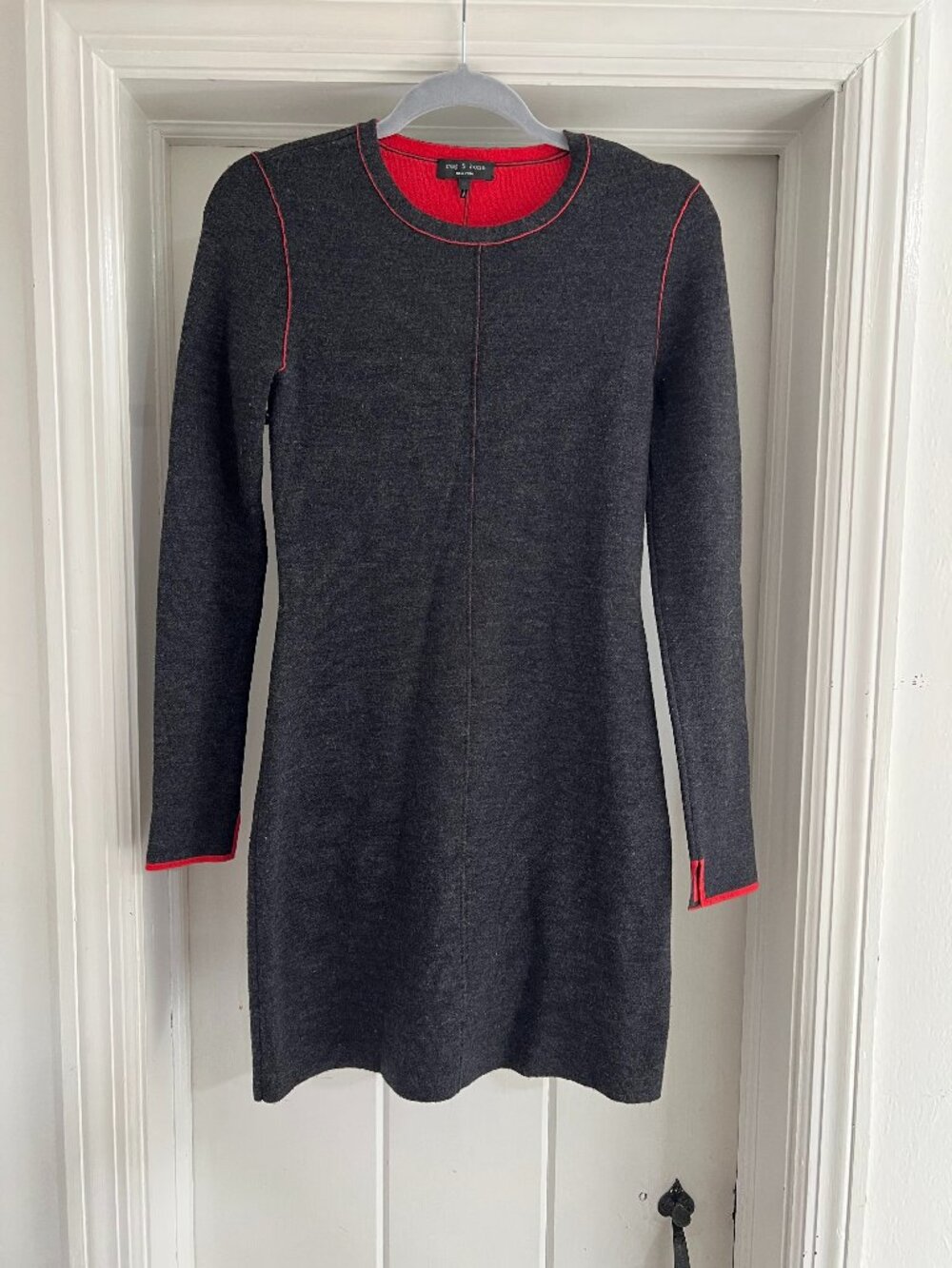 Rag & Bone Merino Wool Knit Long-Sleeve Mini Dress – Charcoal/Red – Size XS